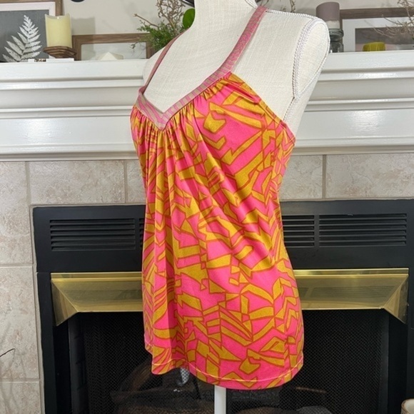 Trina Turk Silk Orange and Gold T Back Sleeves Blouse - Picture 4 of 12